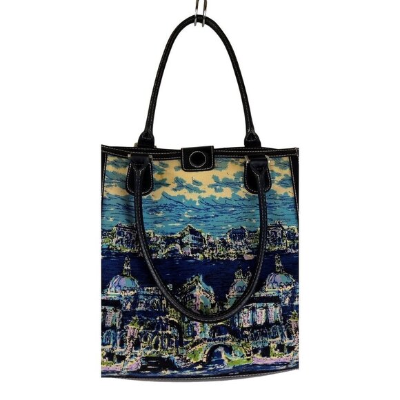 Talbots Tote Bag Venice Waterscape Navy Blue Canvas Brocade Weave Purse - Picture 3 of 12
